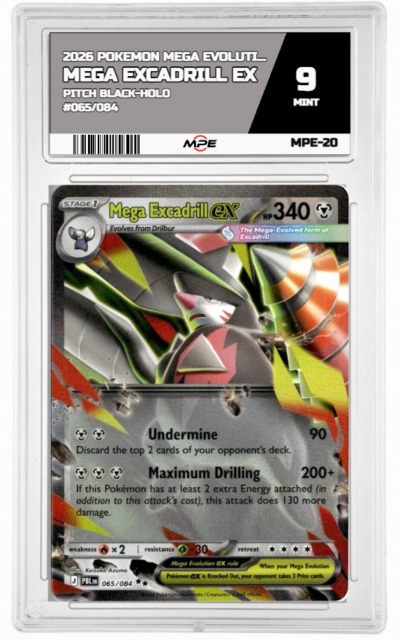 2026 POKEMON MEGA EVOLUTION PITCH BLACK-HOLO #065/084 Mega Excadrill EX MPE 9 MINT — graded card auctioned from the MPE vault