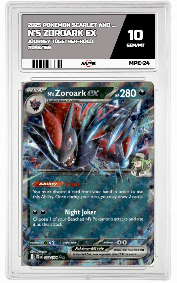2025 POKEMON SCARLET AND VIOLET JOURNEY TOGETHER-HOLO #098/159 N's Zoroark EX MPE 10 GEM/MT — graded card auctioned from the MPE vault