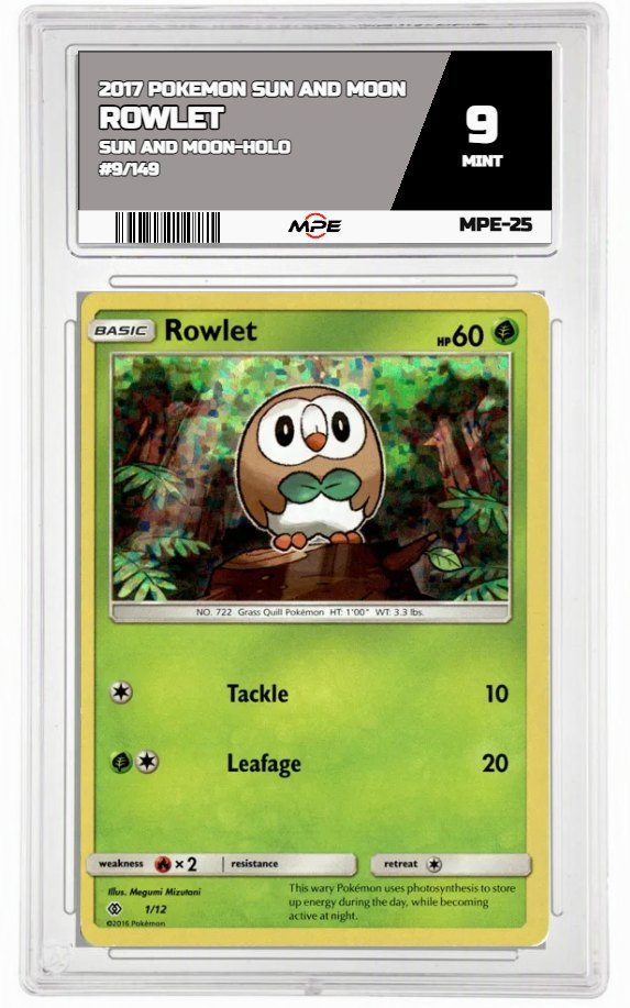 2017 POKEMON SUN AND MOON SUN AND MOON-HOLO #9/149 Rowlet MPE 9 MINT — graded card auctioned from the MPE vault