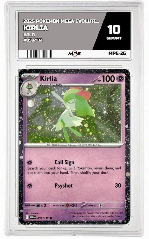 2025 POKEMON MEGA EVOLUTION HOLO #059/132 Kirlia MPE 10 GEM/MT — graded card auctioned from the MPE vault