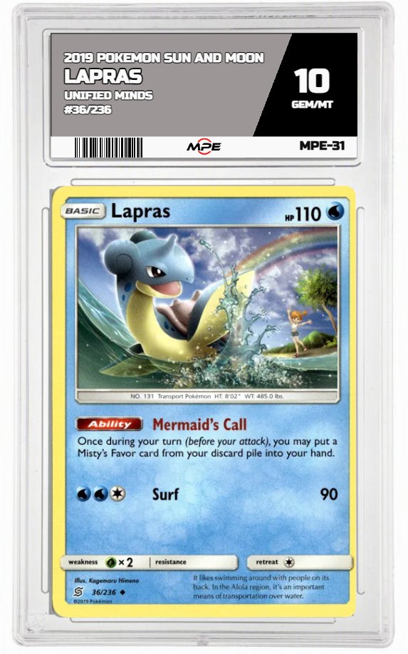 2019 POKEMON SUN AND MOON UNIFIED MINDS #36/236 Lapras MPE 10 GEM/MT — graded card auctioned from the MPE vault
