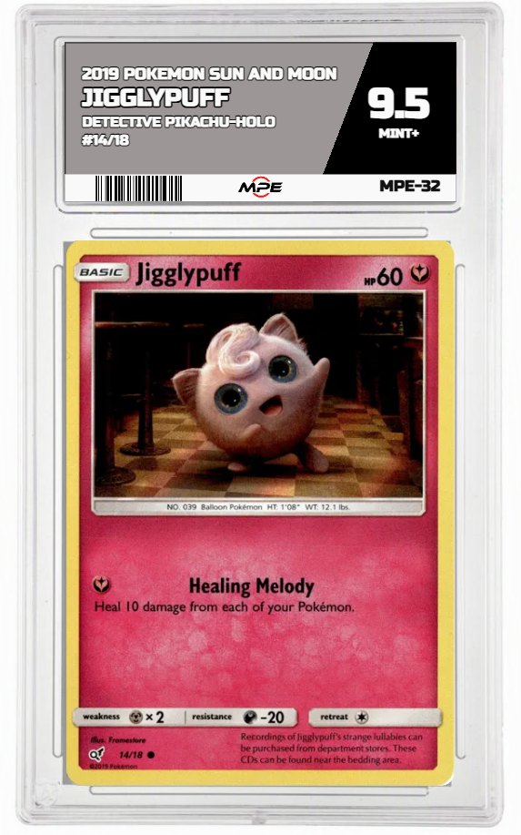 2019 POKEMON SUN AND MOON DETECTIVE PIKACHU-HOLO #14/18 JIGGLYPUFF MPE 9.5 MINT+ — graded card auctioned from the MPE vault