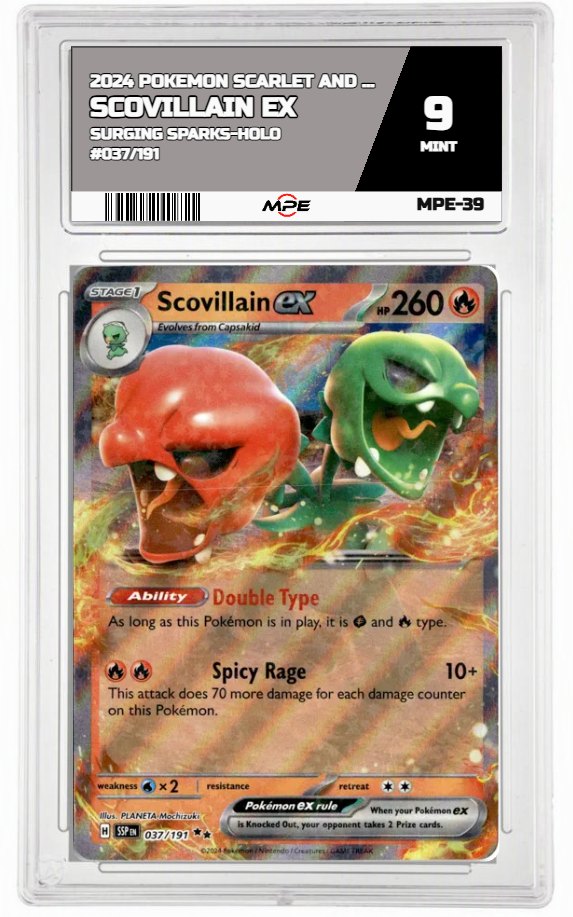 2024 POKEMON SCARLET AND VIOLET SURGING SPARKS-HOLO #037/191 Scovillain EX MPE 9 MINT — graded card auctioned from the MPE vault