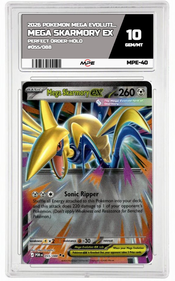 2026 POKEMON MEGA EVOLUTION PERFECT ORDER-HOLO #055/088 Mega Skarmory EX MPE 10 GEM/MT — graded card auctioned from the MPE vault
