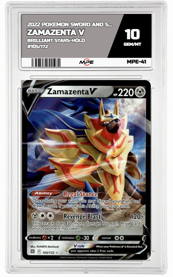2022 POKEMON SWORD AND SHIELD BRILLIANT STARS-HOLO #105/172 Zamazenta V MPE 10 GEM/MT — graded card auctioned from the MPE vault