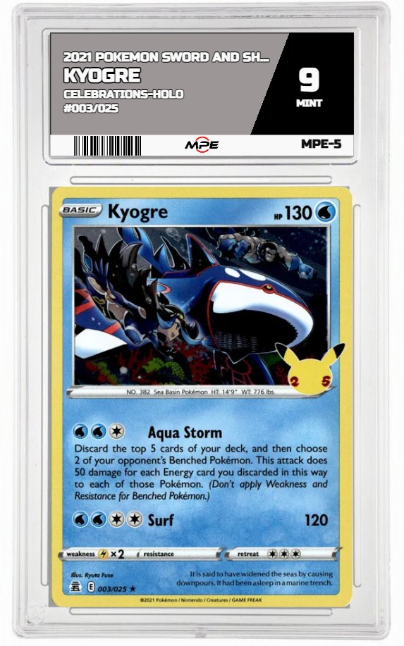 2021 POKEMON SWORD AND SHIELD CELEBRATIONS-HOLO #003/025 KYOGRE MPE 9 MINT — graded card auctioned from the MPE vault