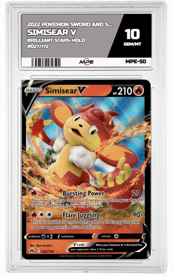2022 POKEMON SWORD AND SHIELD BRILLIANT STARS-HOLO #027/172 Simisear V MPE 10 GEM/MT — graded card auctioned from the MPE vault