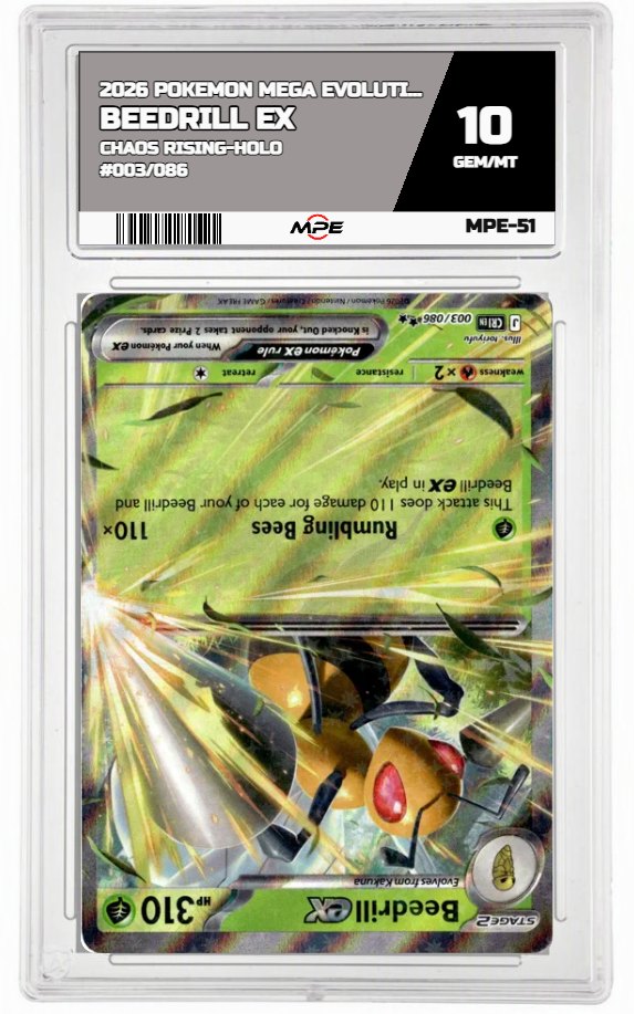 2026 POKEMON MEGA EVOLUTION CHAOS RISING-HOLO #003/086 Beedrill EX MPE 10 GEM/MT — graded card auctioned from the MPE vault