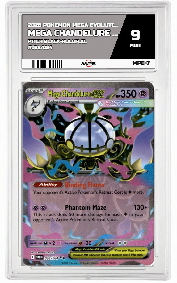2026 POKEMON MEGA EVOLUTION PITCH BLACK-HOLOFOIL #038/084 Mega Chandelure EX MPE 9 MINT — graded card auctioned from the MPE vault