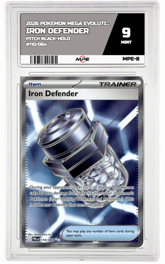 2026 POKEMON MEGA EVOLUTION PITCH BLACK-HOLO #110/084 IRON DEFENDER MPE 9 MINT — graded card auctioned from the MPE vault