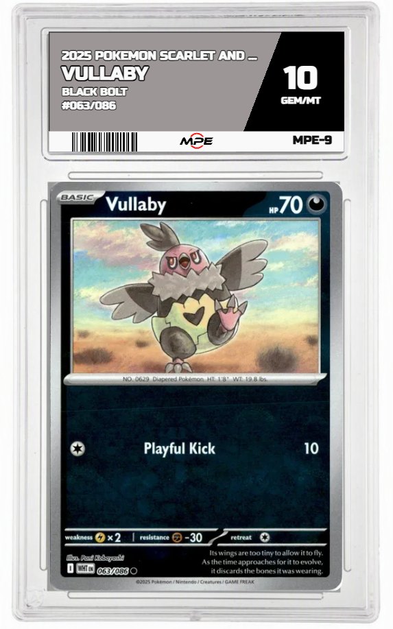 2025 POKEMON SCARLET AND VIOLET BLACK BOLT #063/086 Vullaby MPE 10 GEM/MT — graded card auctioned from the MPE vault