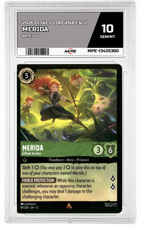 2026 DISNEY LORCANA EN 12 #89/204 MERIDA MPE 10 GEM/MT — graded card auctioned from the MPE vault