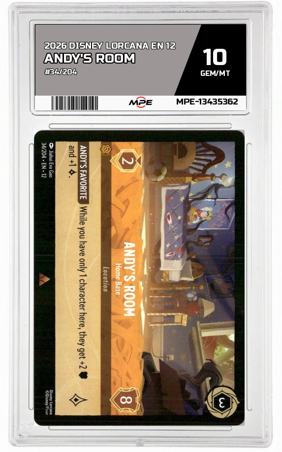 2026 DISNEY LORCANA EN 12 #34/204 ANDY'S ROOM MPE 10 GEM/MT — graded card auctioned from the MPE vault