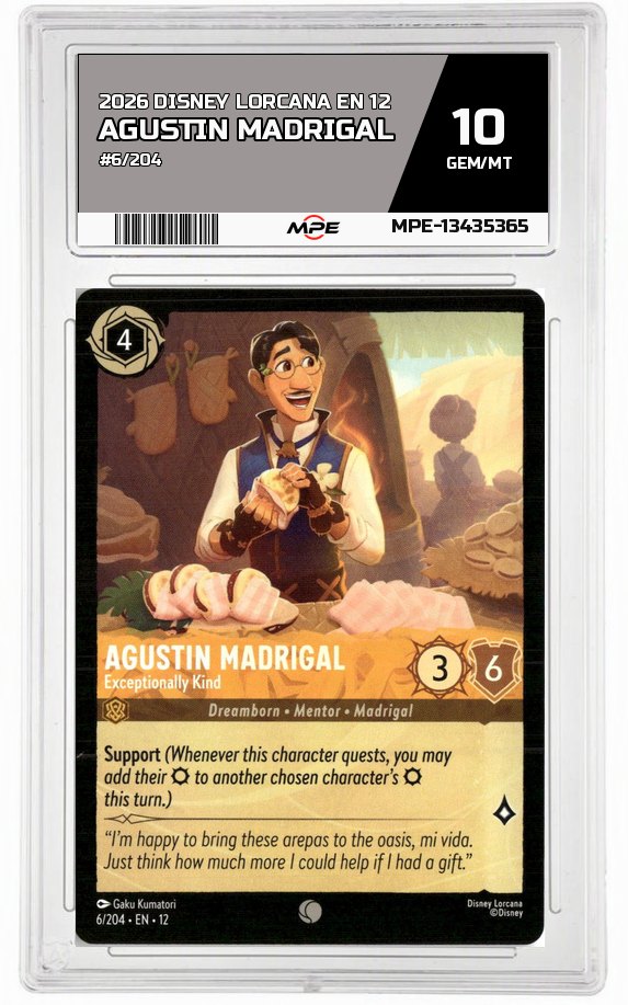 2026 DISNEY LORCANA EN 12 #6/204 AGUSTIN MADRIGAL MPE 10 GEM/MT — graded card auctioned from the MPE vault