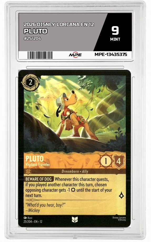 2026 DISNEY LORCANA EN 12 #25/204 PLUTO MPE 9 MINT — graded card auctioned from the MPE vault