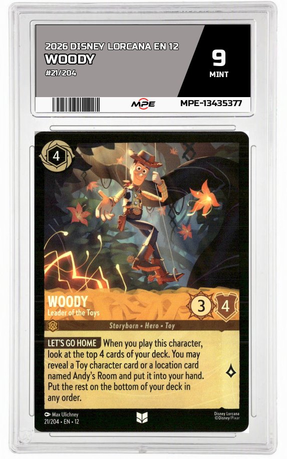 2026 DISNEY LORCANA EN 12 #21/204 WOODY MPE 9 MINT — graded card auctioned from the MPE vault
