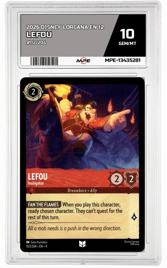 2026 DISNEY LORCANA EN 12 #112/204 LEFOU MPE 10 GEM/MT — graded card auctioned from the MPE vault