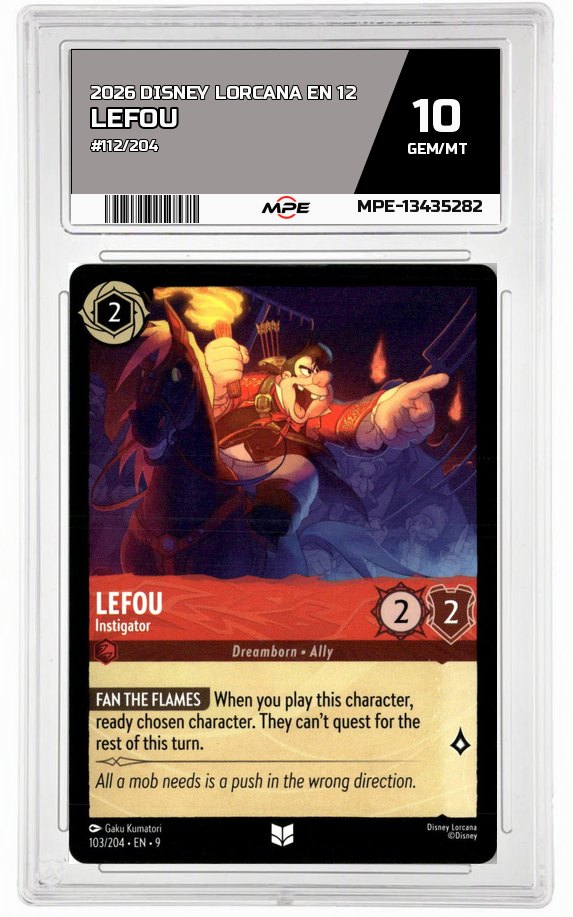 2026 DISNEY LORCANA EN 12 #112/204 LEFOU MPE 10 GEM/MT — graded card auctioned from the MPE vault