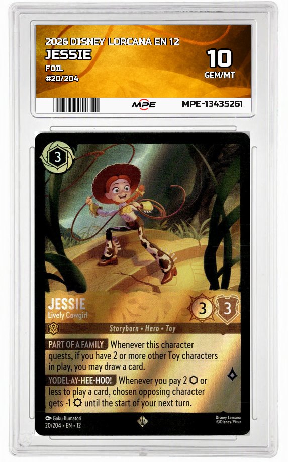 2026 DISNEY LORCANA EN 12 FOIL #20/204 JESSIE MPE 10 GEM/MT — graded card auctioned from the MPE vault