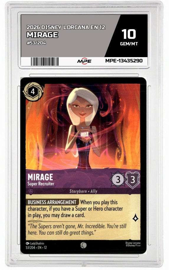 2026 DISNEY LORCANA EN 12 #53/204 MIRAGE MPE 10 GEM/MT — graded card auctioned from the MPE vault