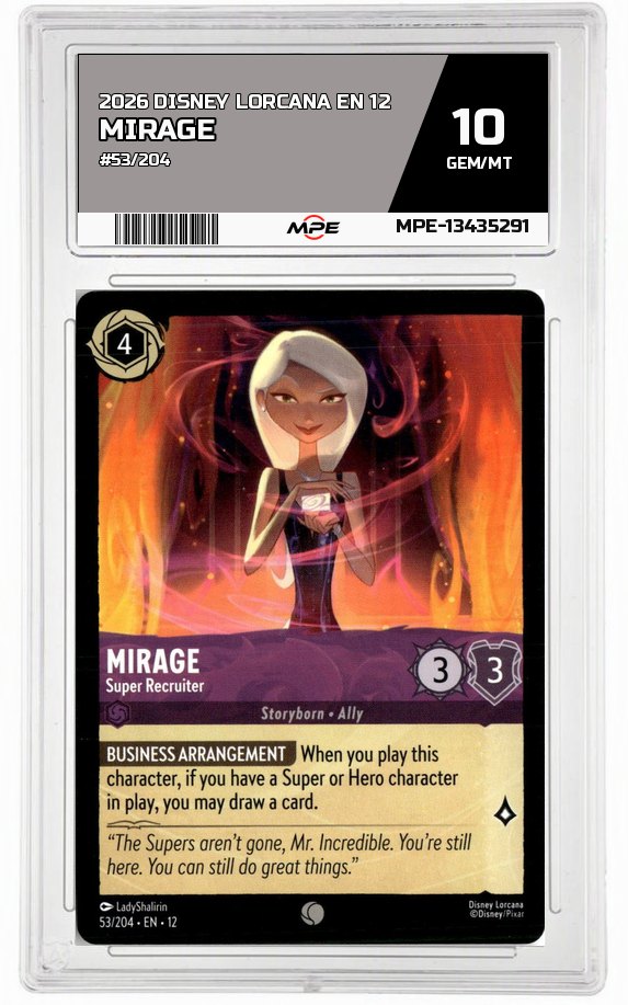 2026 DISNEY LORCANA EN 12 #53/204 MIRAGE MPE 10 GEM/MT — graded card auctioned from the MPE vault