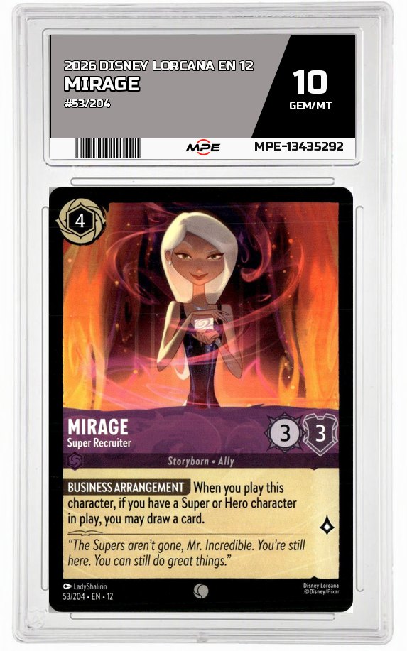 2026 DISNEY LORCANA EN 12 #53/204 MIRAGE MPE 10 GEM/MT — graded card auctioned from the MPE vault