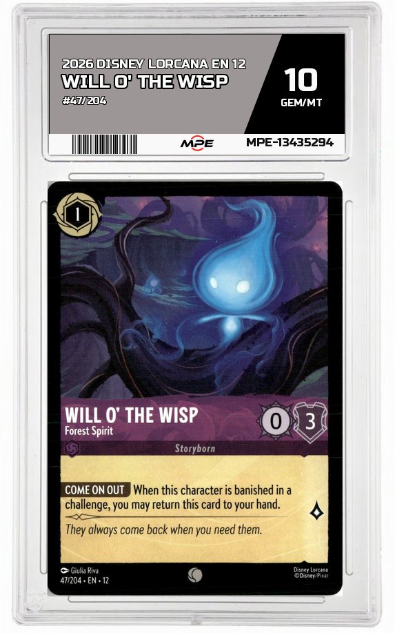 2026 DISNEY LORCANA EN 12 #47/204 WILL O' THE WISP MPE 10 GEM/MT — graded card auctioned from the MPE vault