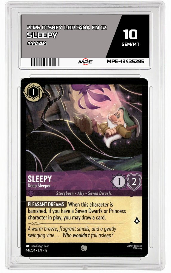 2026 DISNEY LORCANA EN 12 #44/204 SLEEPY MPE 10 GEM/MT — graded card auctioned from the MPE vault