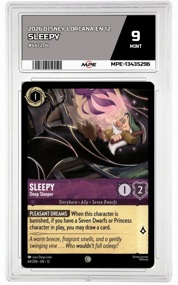 2026 DISNEY LORCANA EN 12 #44/204 SLEEPY MPE 9 MINT — graded card auctioned from the MPE vault