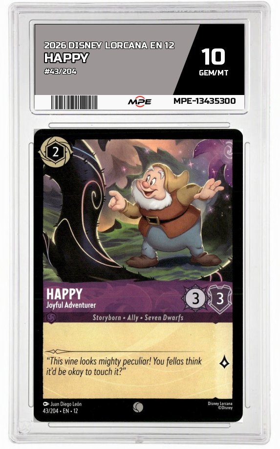 2026 DISNEY LORCANA EN 12 #43/204 HAPPY MPE 10 GEM/MT — graded card auctioned from the MPE vault