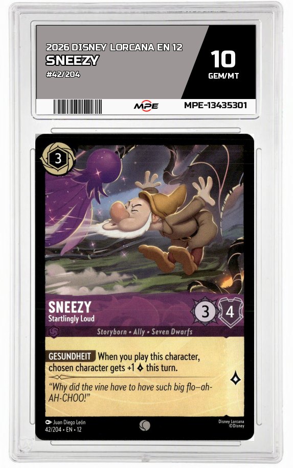 2026 DISNEY LORCANA EN 12 #42/204 SNEEZY MPE 10 GEM/MT — graded card auctioned from the MPE vault