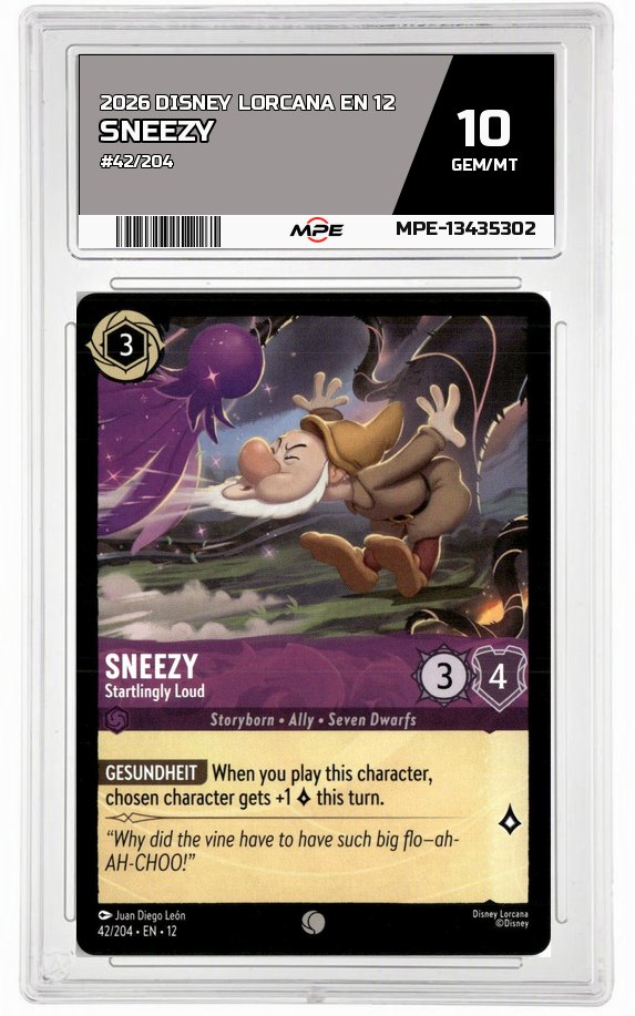 2026 DISNEY LORCANA EN 12 #42/204 SNEEZY MPE 10 GEM/MT — graded card auctioned from the MPE vault