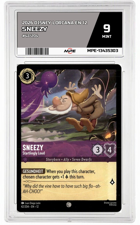2026 DISNEY LORCANA EN 12 #42/204 SNEEZY MPE 9 MINT — graded card auctioned from the MPE vault