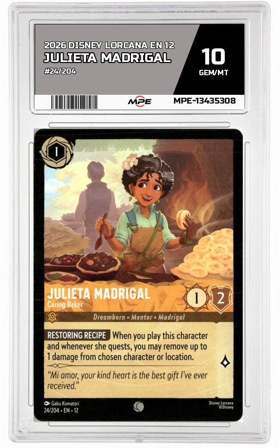 2026 DISNEY LORCANA EN 12 #24/204 JULIETA MADRIGAL MPE 10 GEM/MT — graded card auctioned from the MPE vault
