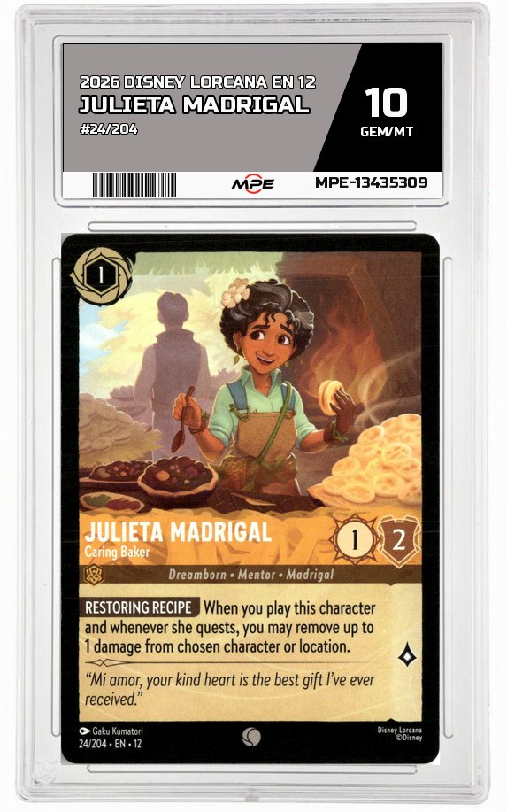 2026 DISNEY LORCANA EN 12 #24/204 JULIETA MADRIGAL MPE 10 GEM/MT — graded card auctioned from the MPE vault