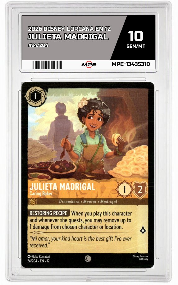 2026 DISNEY LORCANA EN 12 #24/204 JULIETA MADRIGAL MPE 10 GEM/MT — graded card auctioned from the MPE vault