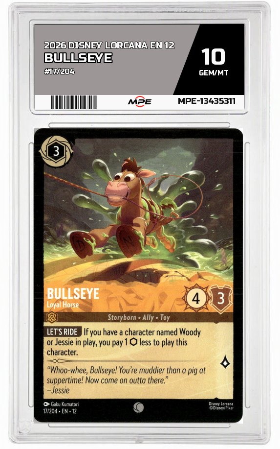 2026 DISNEY LORCANA EN 12 #17/204 BULLSEYE MPE 10 GEM/MT — graded card auctioned from the MPE vault
