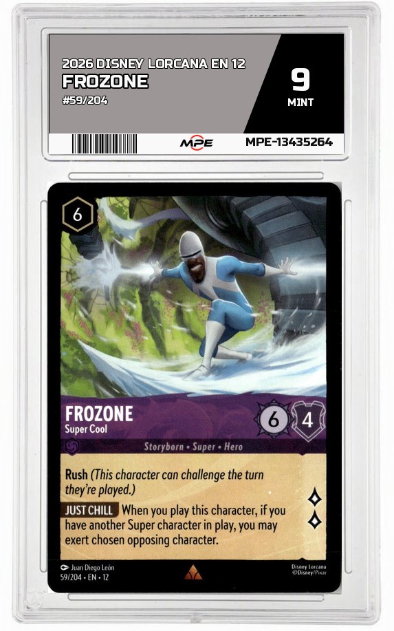 2026 DISNEY LORCANA EN 12 #59/204 FROZONE MPE 9 MINT — graded card auctioned from the MPE vault