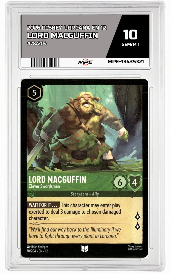 2026 DISNEY LORCANA EN 12 #78/204 LORD MACGUFFIN MPE 10 GEM/MT — graded card auctioned from the MPE vault