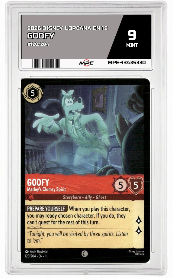 2026 DISNEY LORCANA EN 12 #120/204 GOOFY MPE 9 MINT — graded card auctioned from the MPE vault