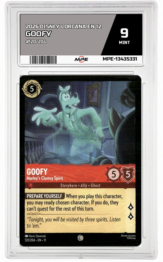 2026 DISNEY LORCANA EN 12 #120/204 GOOFY MPE 9 MINT — graded card auctioned from the MPE vault