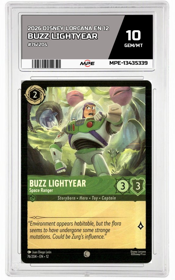2026 DISNEY LORCANA EN 12 #76/204 BUZZ LIGHTYEAR MPE 10 GEM/MT — graded card auctioned from the MPE vault