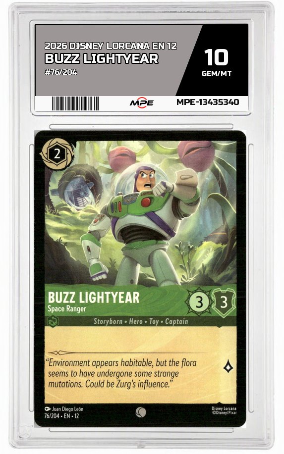 2026 DISNEY LORCANA EN 12 #76/204 BUZZ LIGHTYEAR MPE 10 GEM/MT — graded card auctioned from the MPE vault