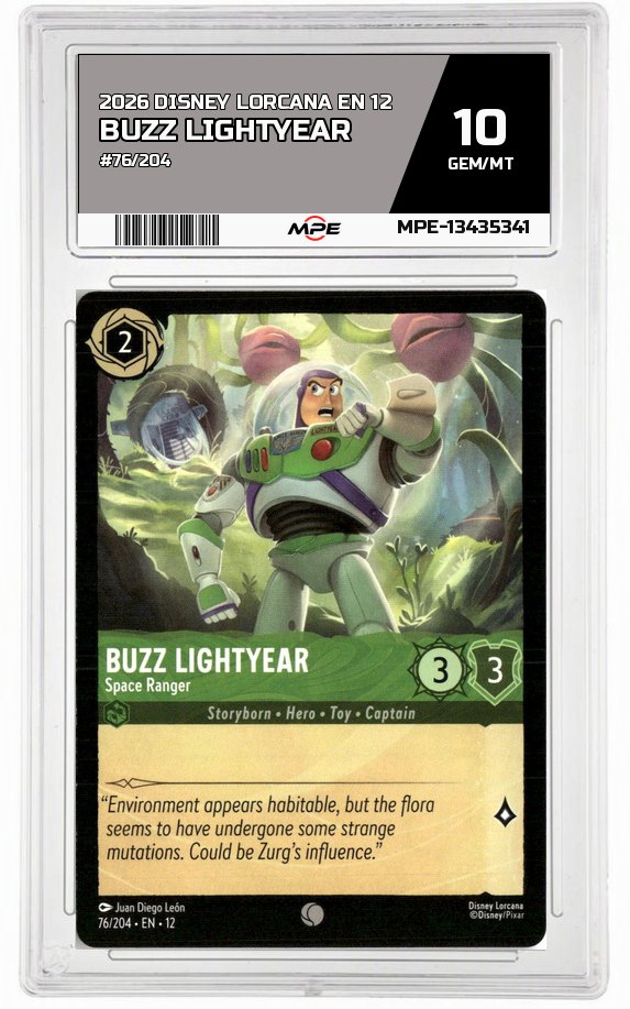 2026 DISNEY LORCANA EN 12 #76/204 BUZZ LIGHTYEAR MPE 10 GEM/MT — graded card auctioned from the MPE vault