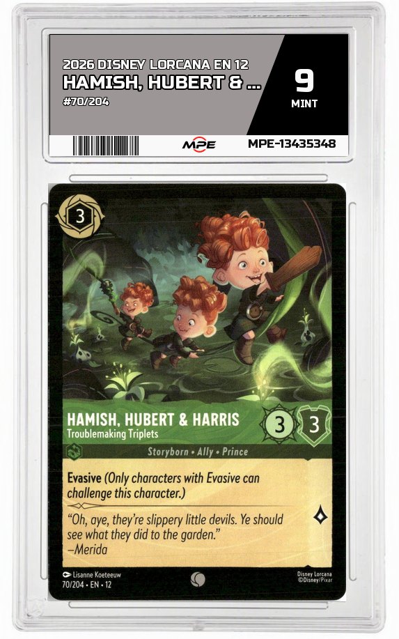 2026 DISNEY LORCANA EN 12 #70/204 HAMISH, HUBERT & HARRIS MPE 9 MINT — graded card auctioned from the MPE vault