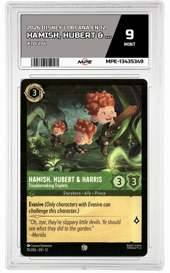 2026 DISNEY LORCANA EN 12 #70/204 HAMISH, HUBERT & HARRIS MPE 9 MINT — graded card auctioned from the MPE vault