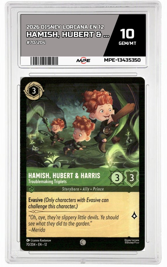 2026 DISNEY LORCANA EN 12 #70/204 HAMISH, HUBERT & HARRIS MPE 10 GEM/MT — graded card auctioned from the MPE vault