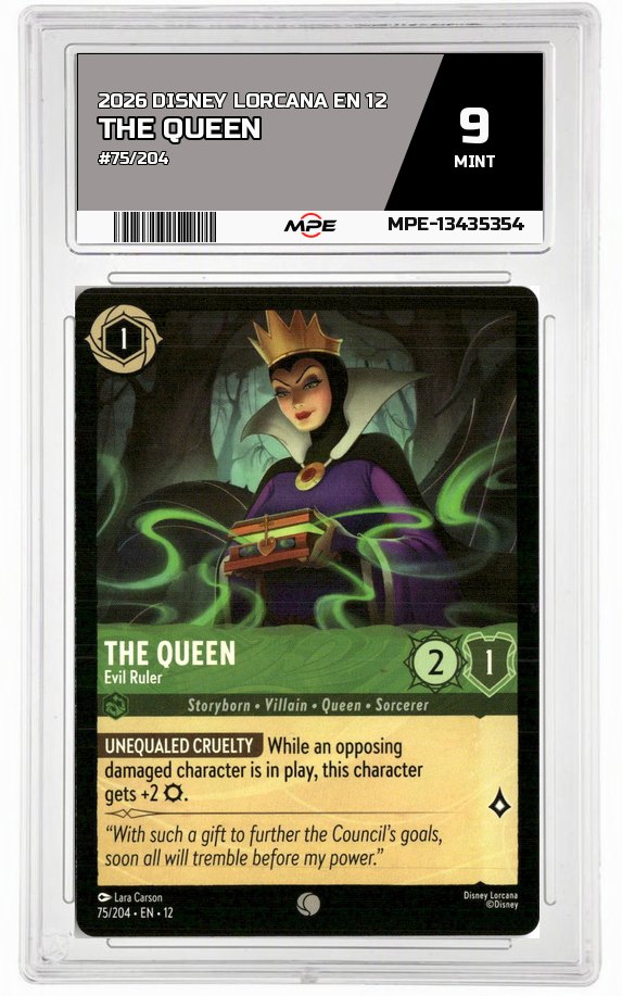 2026 DISNEY LORCANA EN 12 #75/204 THE QUEEN MPE 9 MINT — graded card auctioned from the MPE vault