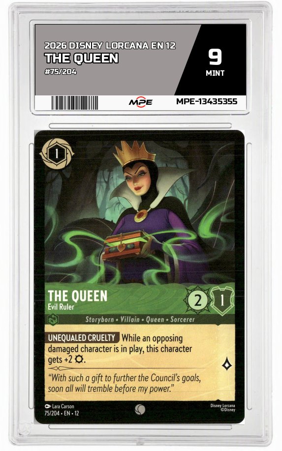 2026 DISNEY LORCANA EN 12 #75/204 THE QUEEN MPE 9 MINT — graded card auctioned from the MPE vault