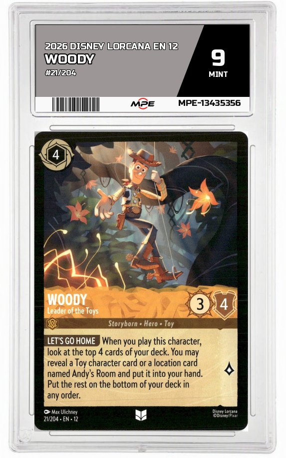2026 DISNEY LORCANA EN 12 #21/204 WOODY MPE 9 MINT — graded card auctioned from the MPE vault